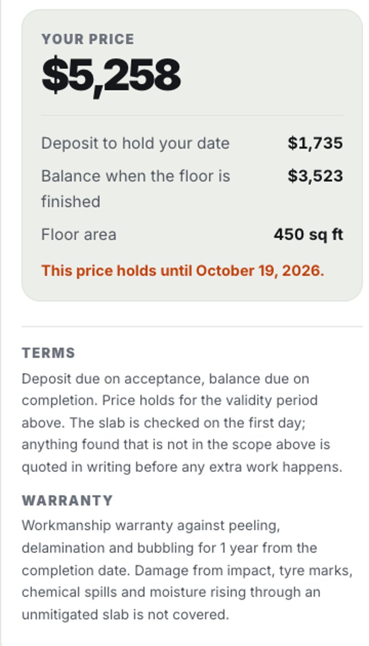 The estimate the homeowner sees, with price, deposit and balance