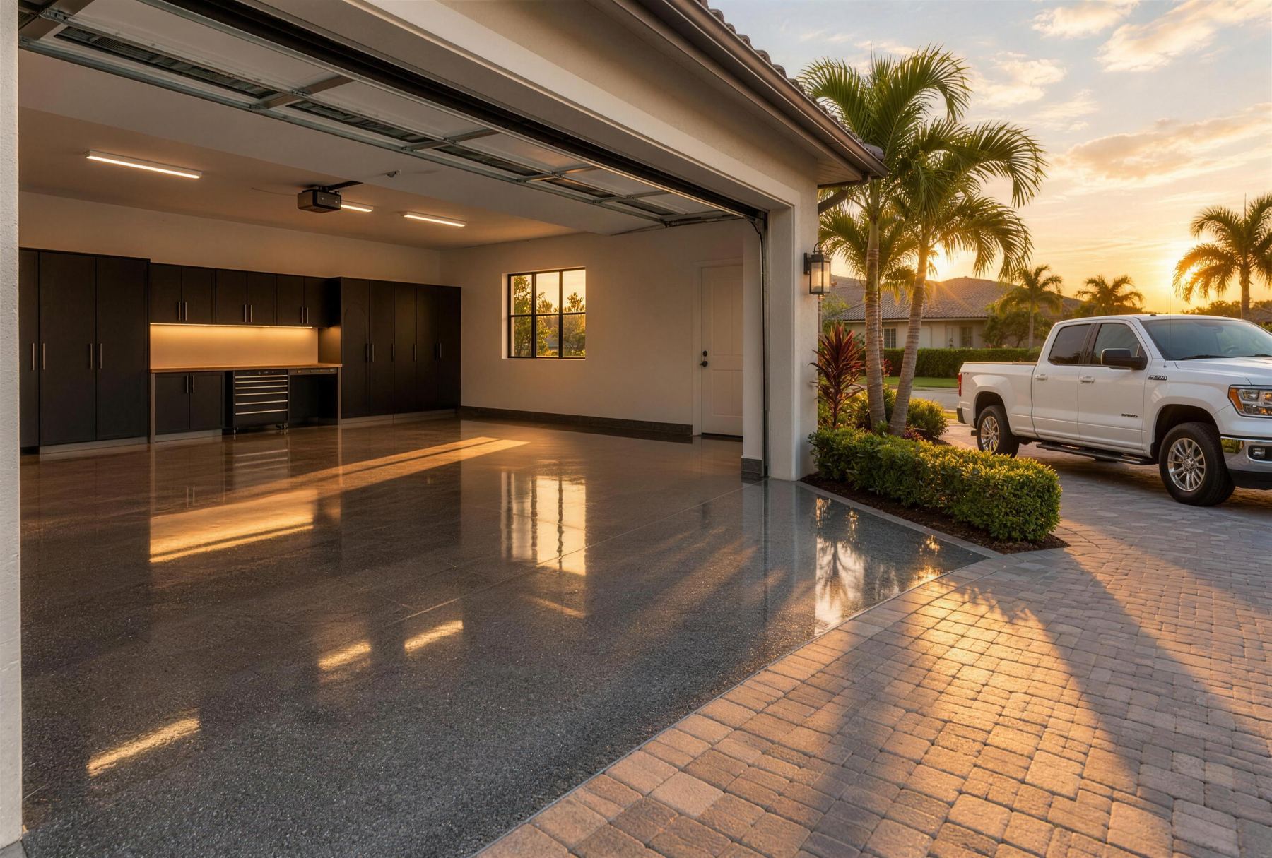 A finished garage at sunset