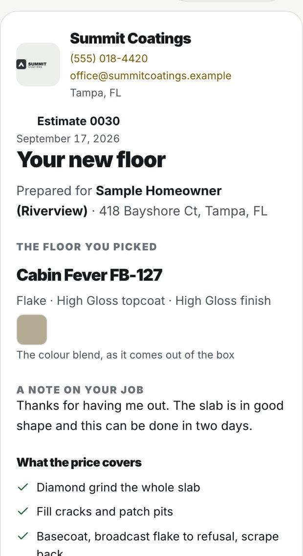 The quote a homeowner receives, headed with the contractor's own logo and phone number