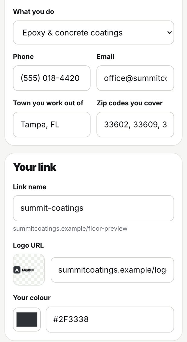 Settings showing the contractor's own logo and brand colour