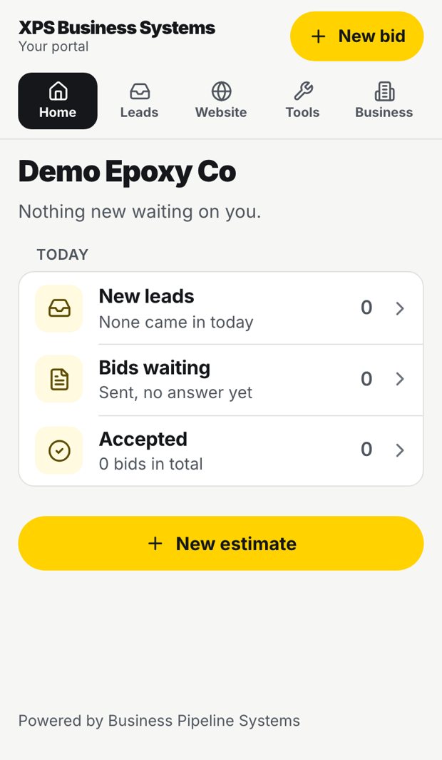The XPS member portal home screen with leads, bids and a New estimate button