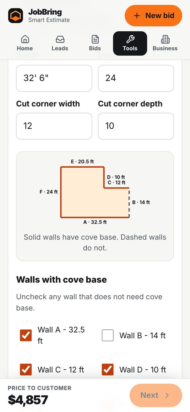 Quick Measure: the room drawn with each wall labelled