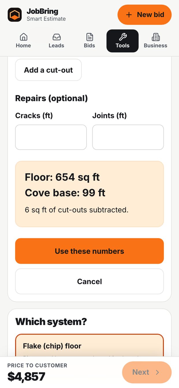Quick Measure result: floor square feet and cove base feet