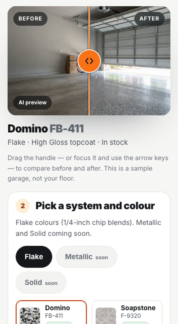 The Floor Visualizer showing a garage before and after a flake floor