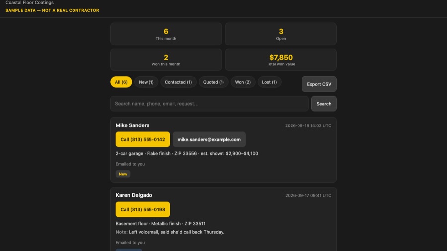 A sample leads dashboard showing new quote requests, notes and won jobs