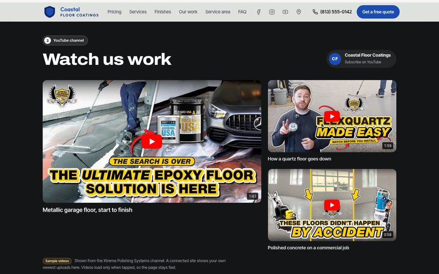 The same sample site with YouTube videos, Facebook and Instagram posts, Google reviews and online booking turned on