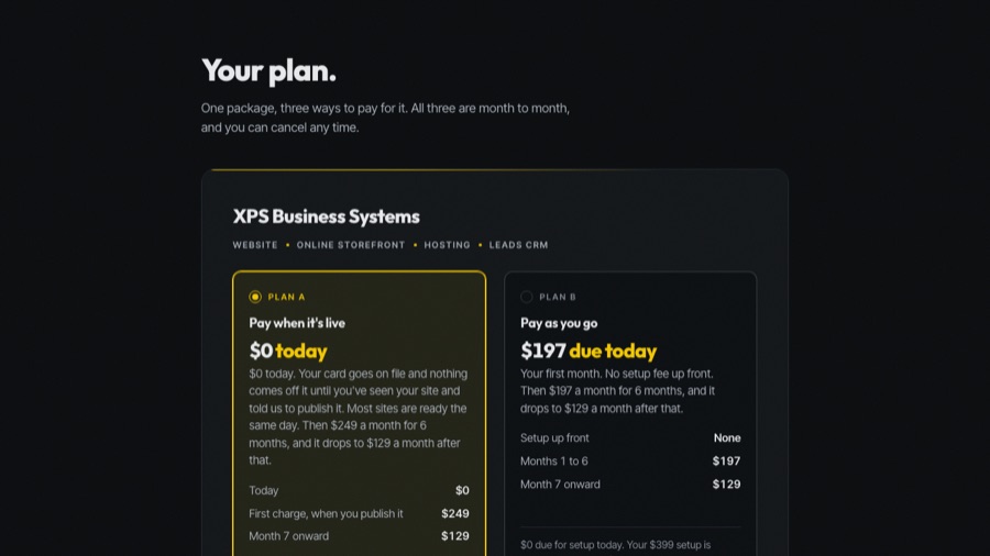 A preview of the signup plans screen, showing the three ways to pay